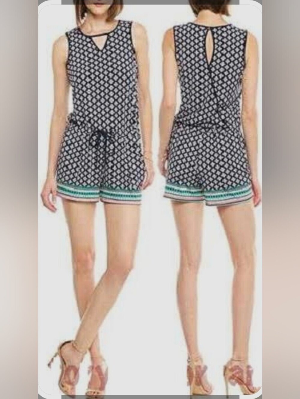 Kaari Blue Navy Floral Dots Crossback Romper, Size Small